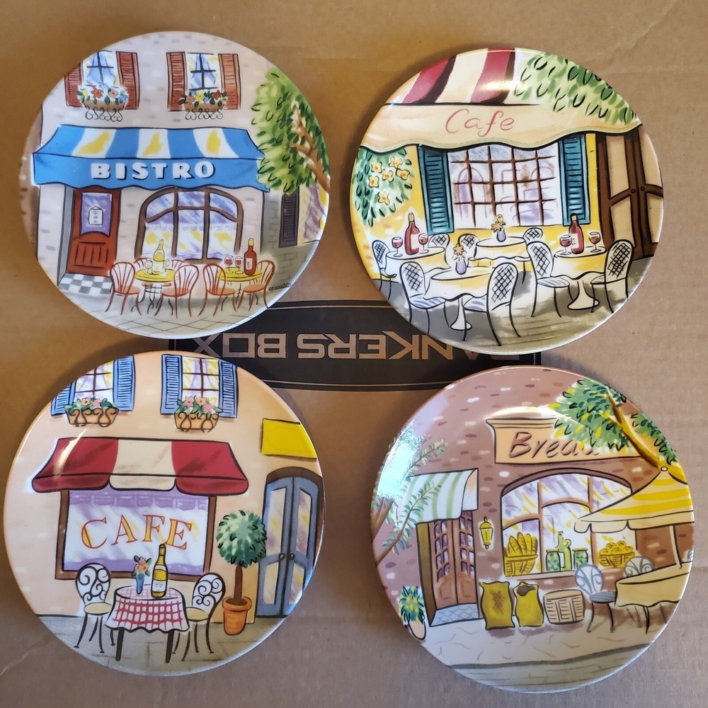 Avon China Cafe Bistro Bread Appetizer Plates Set of 4 European Street Scenes 6"